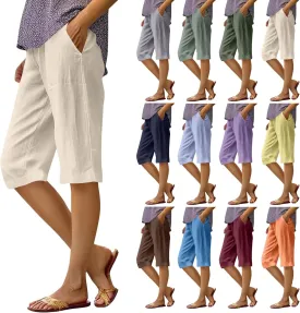 Pedal Pushers for Women Summer Pull On Bermuda Cotton Linen Shorts Knee Length Casual Beach Yoga Shorts with Pockets