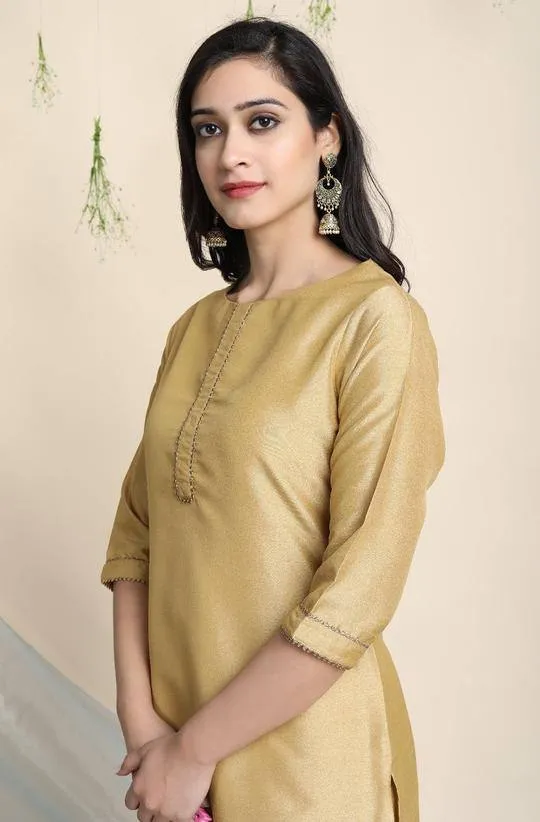 Poly Silk Golden Kurta Palazzo Suit Set with Red Dupatta