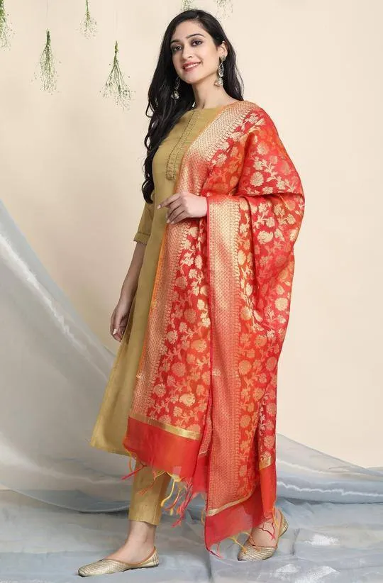 Poly Silk Golden Kurta Palazzo Suit Set with Red Dupatta