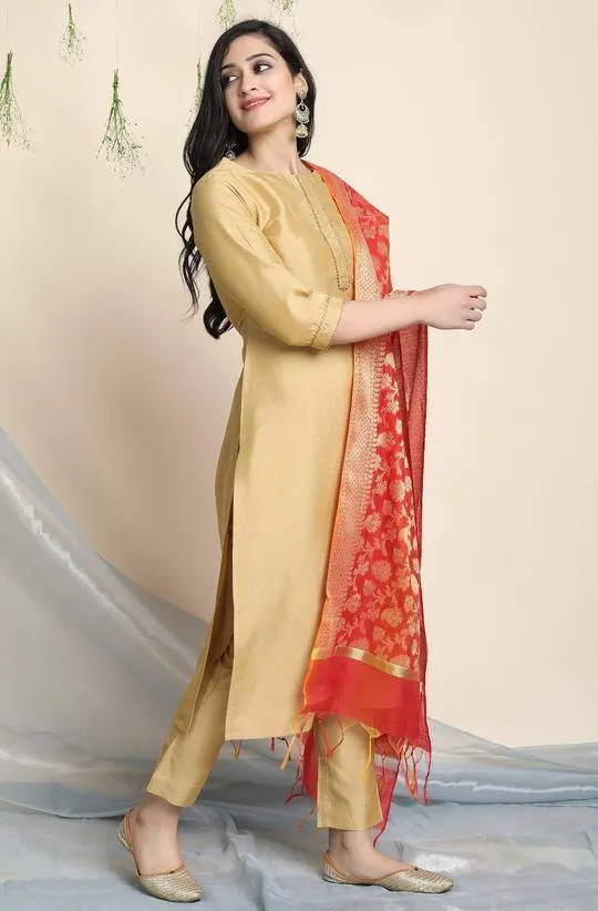Poly Silk Golden Kurta Palazzo Suit Set with Red Dupatta