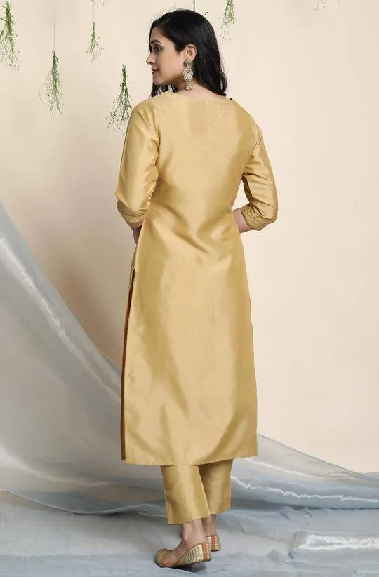 Poly Silk Golden Kurta Palazzo Suit Set with Red Dupatta