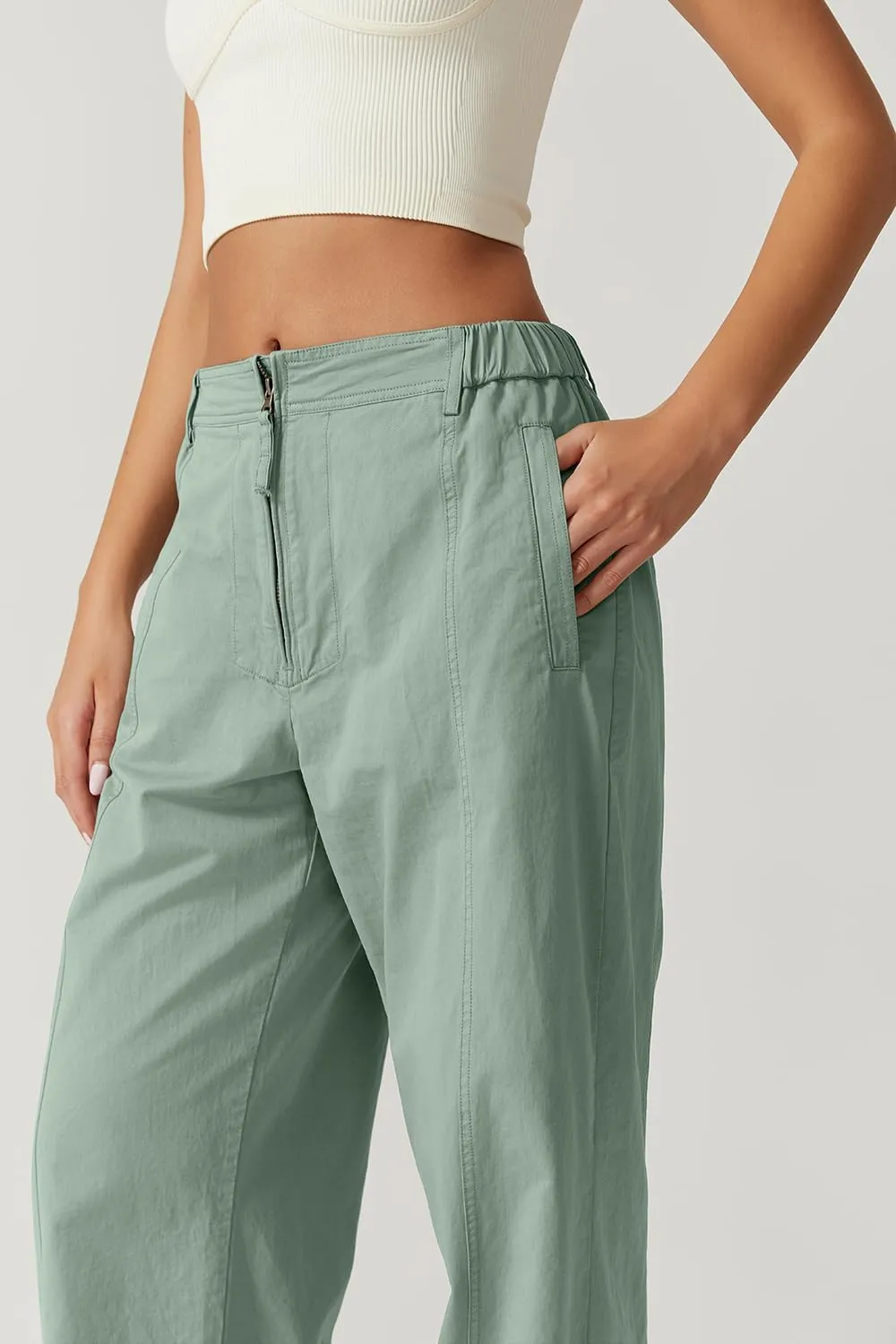 QINSEN Womens Zip Front Wide Leg Long Pants High Waist Causal Cargo Pants Cotton Pocket Palazzo Pants