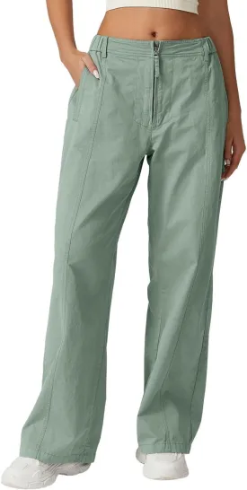 QINSEN Womens Zip Front Wide Leg Long Pants High Waist Causal Cargo Pants Cotton Pocket Palazzo Pants