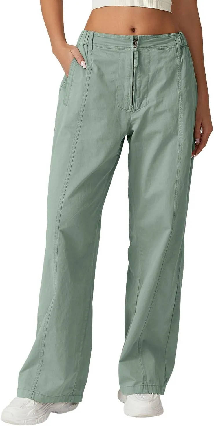 QINSEN Womens Zip Front Wide Leg Long Pants High Waist Causal Cargo Pants Cotton Pocket Palazzo Pants