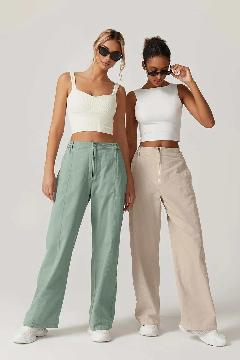 QINSEN Womens Zip Front Wide Leg Long Pants High Waist Causal Cargo Pants Cotton Pocket Palazzo Pants