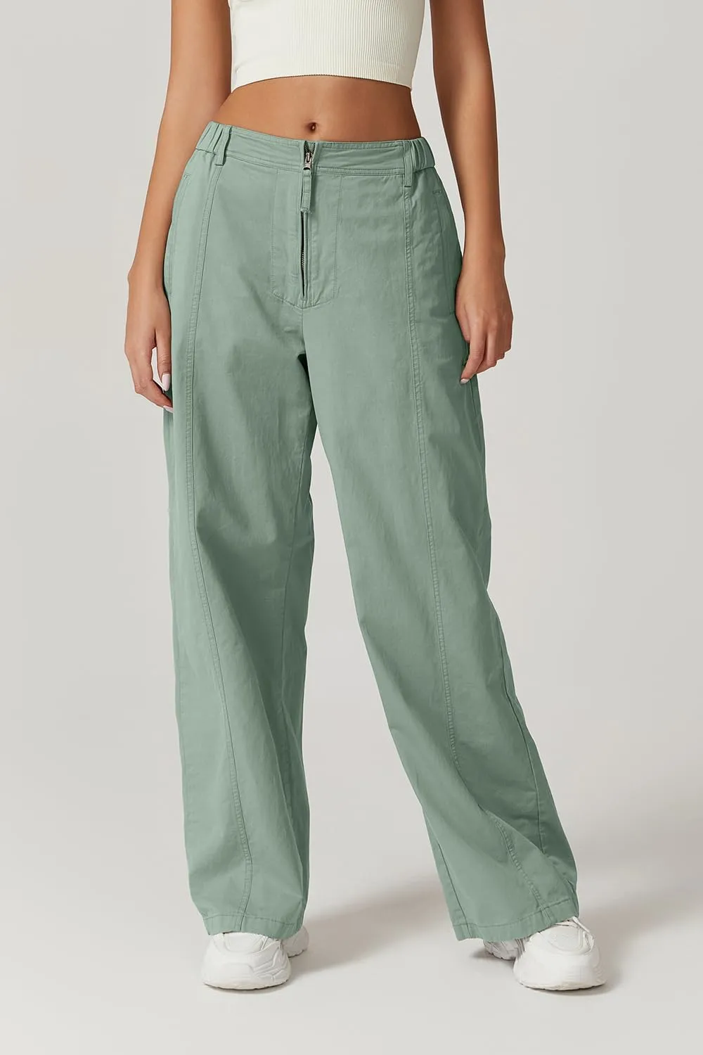 QINSEN Womens Zip Front Wide Leg Long Pants High Waist Causal Cargo Pants Cotton Pocket Palazzo Pants