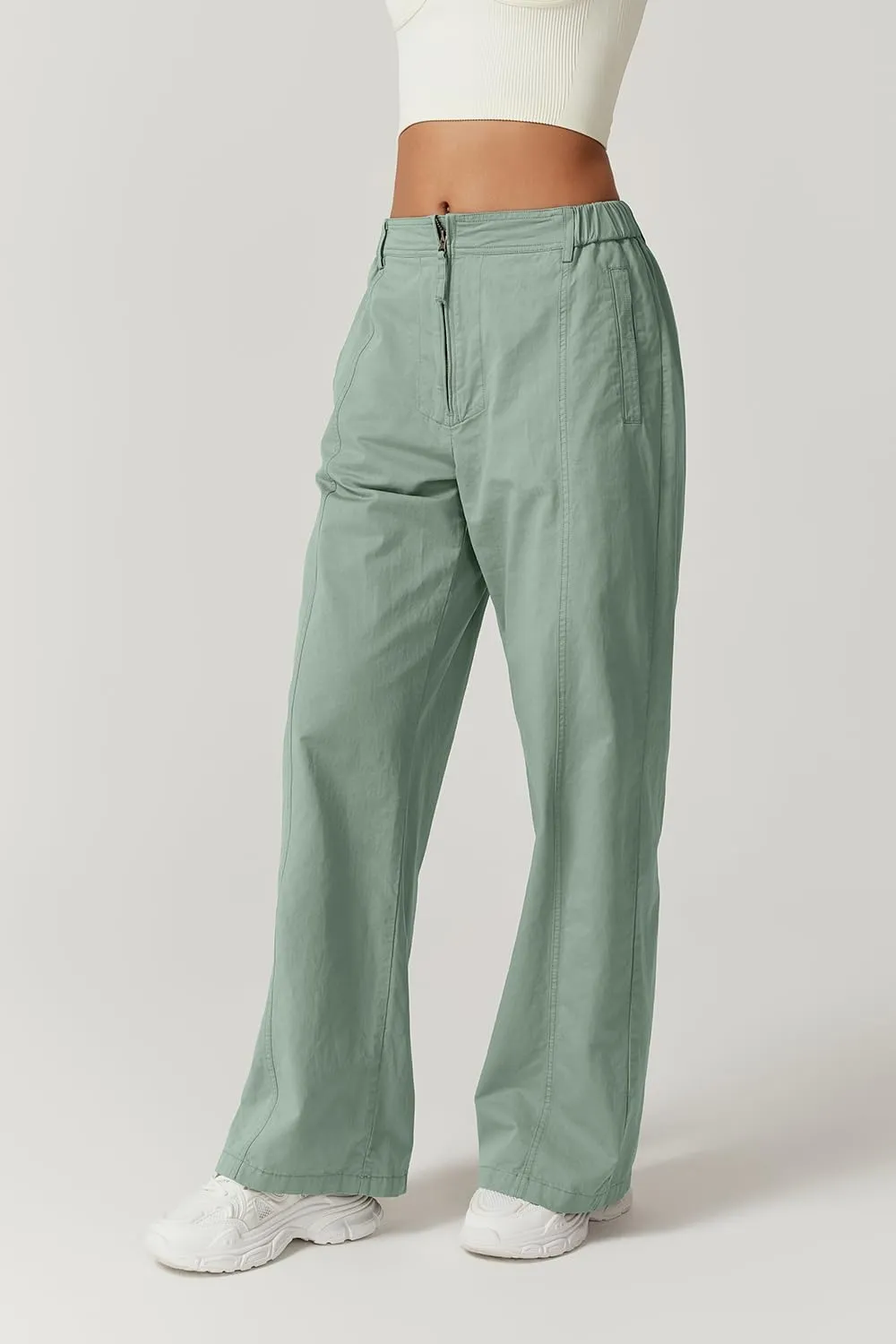 QINSEN Womens Zip Front Wide Leg Long Pants High Waist Causal Cargo Pants Cotton Pocket Palazzo Pants