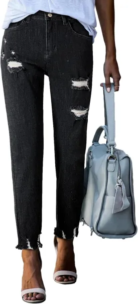 Sidefeel Women's Ripped Jeans Straight Leg Loose Distressed Boyfriend Zimbaplatinum Denim Pants