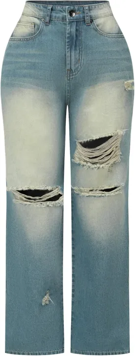 THUNDER STAR Womens High Waisted Wide Leg Jeans Stretchy Distressed Denim Pants