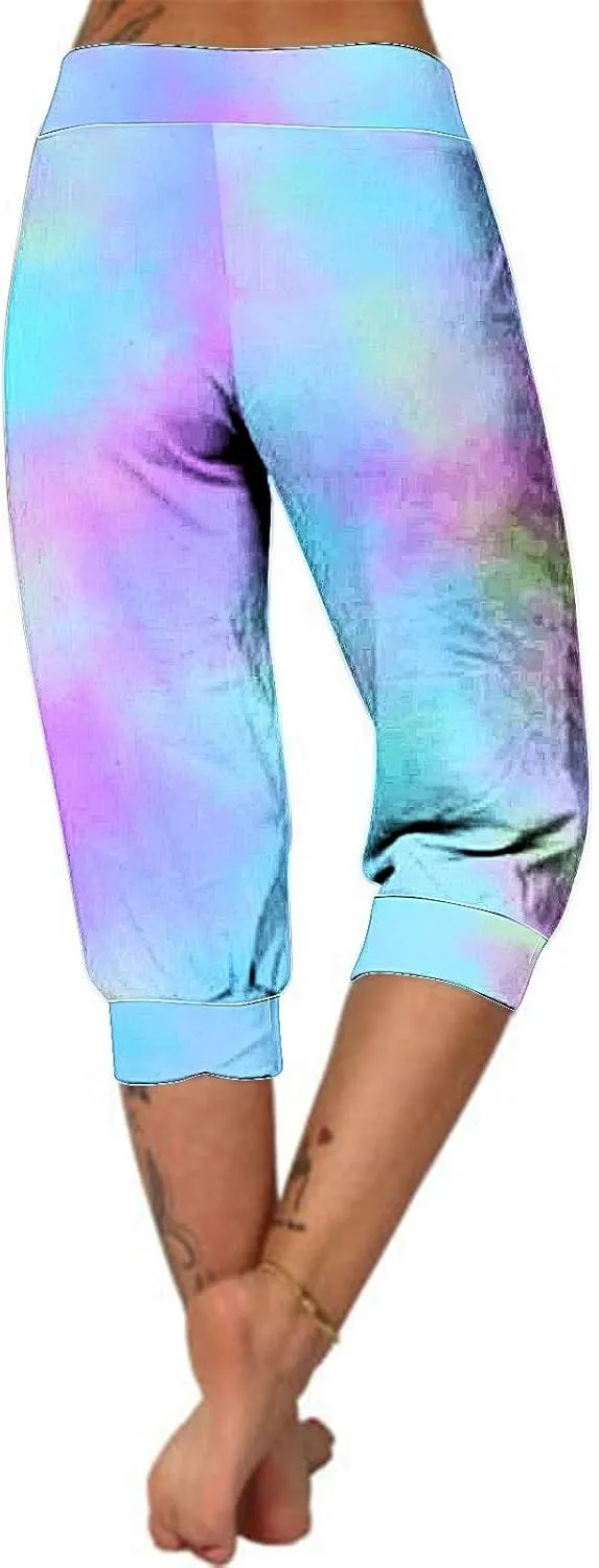 Women Irregular Striped Capris Pant Summer High Elastic Gaucho Sweatpants Side Pocket Yoga Trouser Lightweight Pants