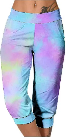 Women Irregular Striped Capris Pant Summer High Elastic Gaucho Sweatpants Side Pocket Yoga Trouser Lightweight Pants