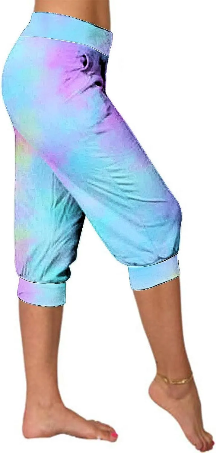 Women Irregular Striped Capris Pant Summer High Elastic Gaucho Sweatpants Side Pocket Yoga Trouser Lightweight Pants