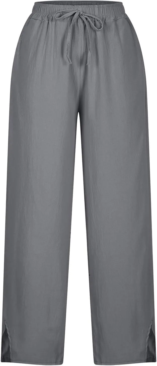 Women Summer Casual Linen Pants Boho Wide Leg Palazzo Pants Drawstring Beach Vacation Outfits Gauze Trendy Ladies Clothes