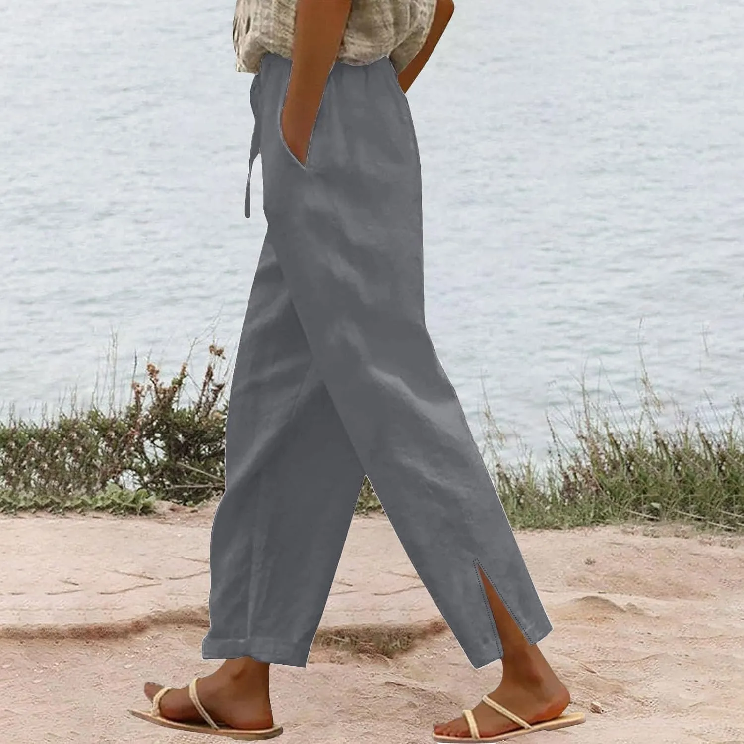 Women Summer Casual Linen Pants Boho Wide Leg Palazzo Pants Drawstring Beach Vacation Outfits Gauze Trendy Ladies Clothes