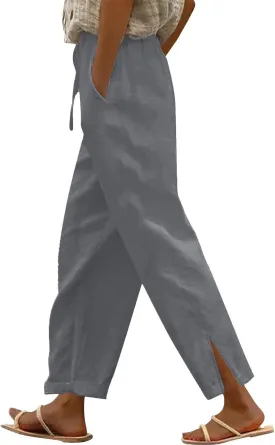 Women Summer Casual Linen Pants Boho Wide Leg Palazzo Pants Drawstring Beach Vacation Outfits Gauze Trendy Ladies Clothes
