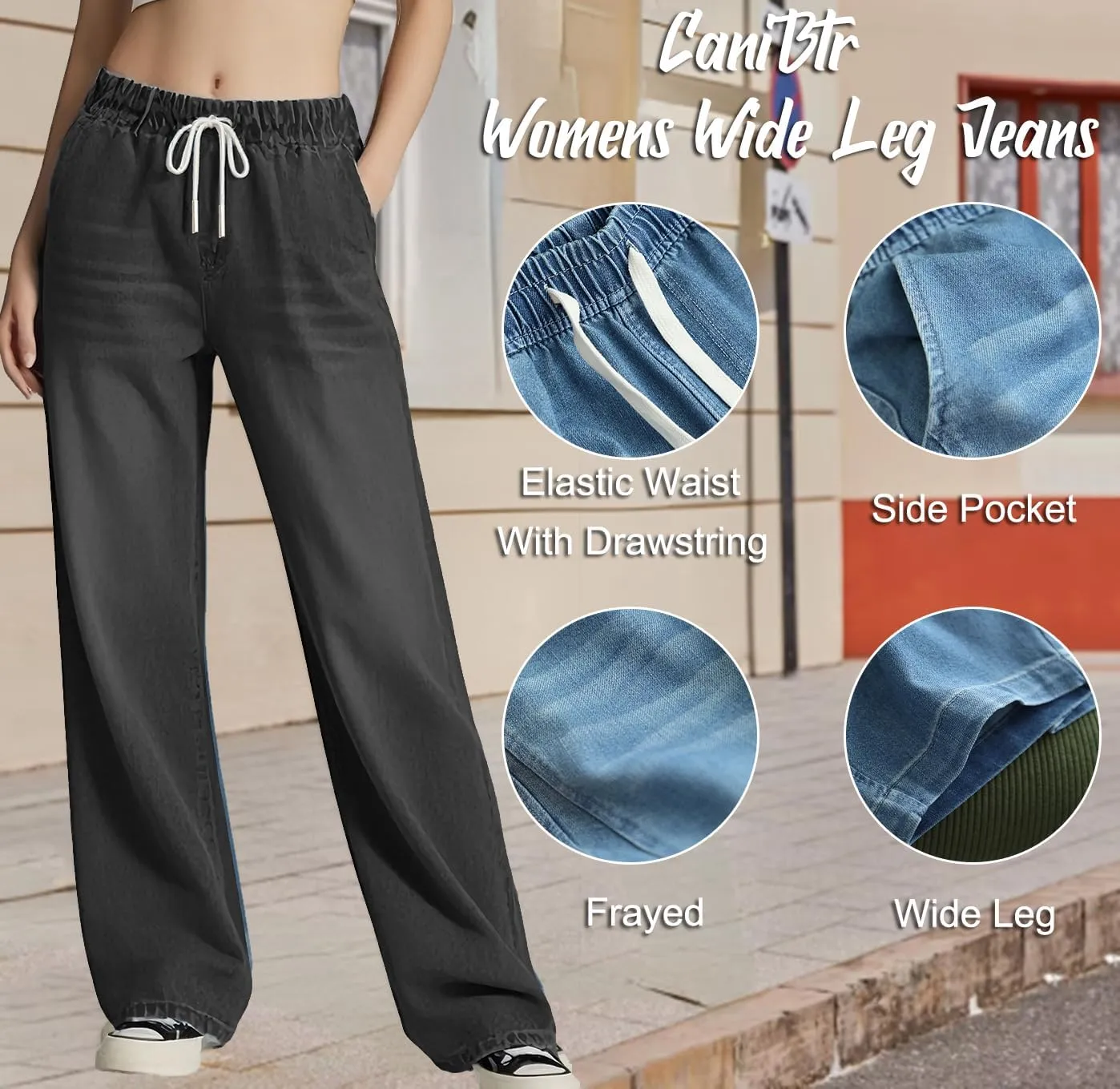 Women's Drawstring Wide Leg Jeans High Elastic Waisted Stretch Frayed Loose Fit Trouser Jeans Denim Pants