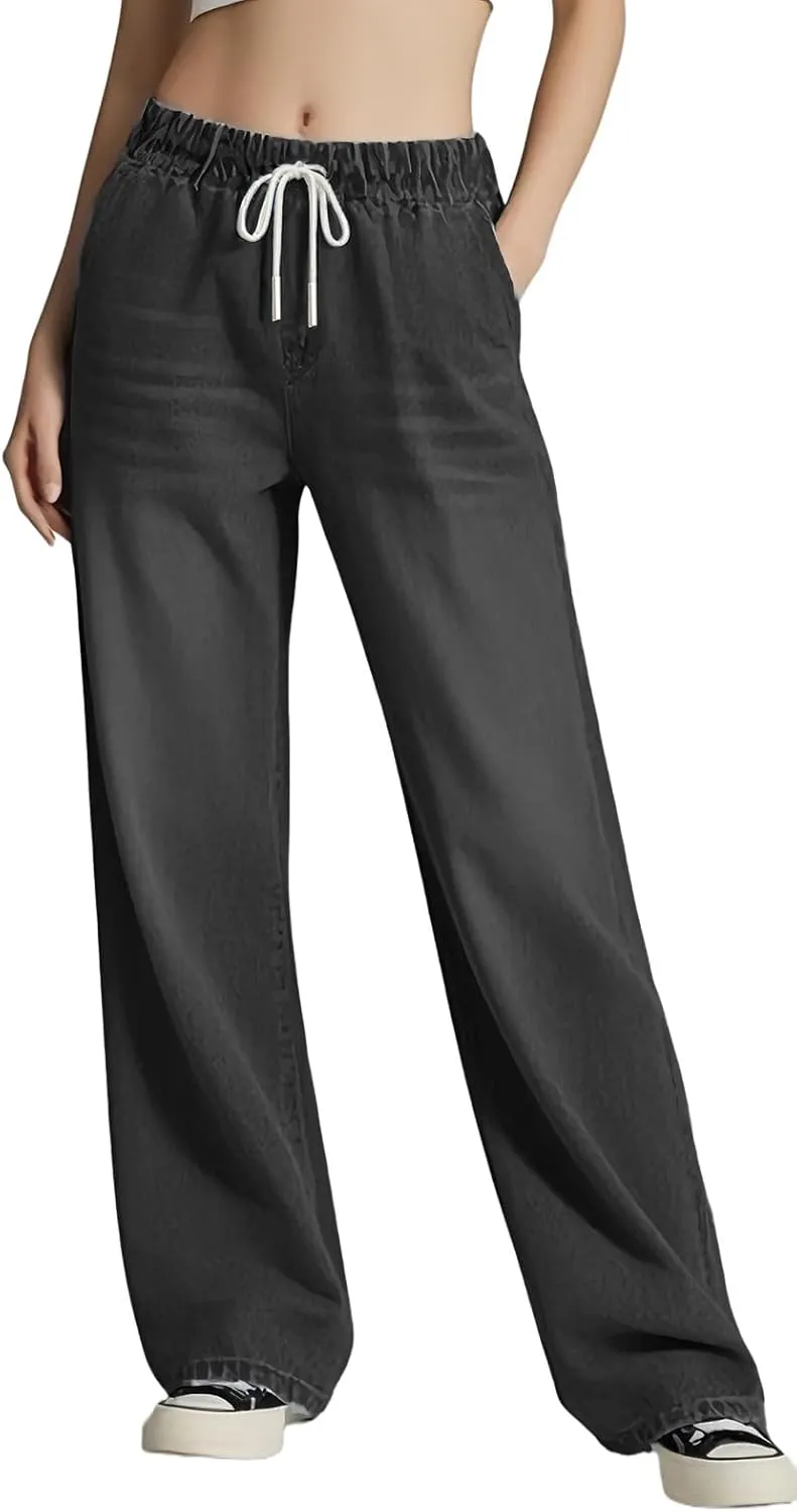 Women's Drawstring Wide Leg Jeans High Elastic Waisted Stretch Frayed Loose Fit Trouser Jeans Denim Pants