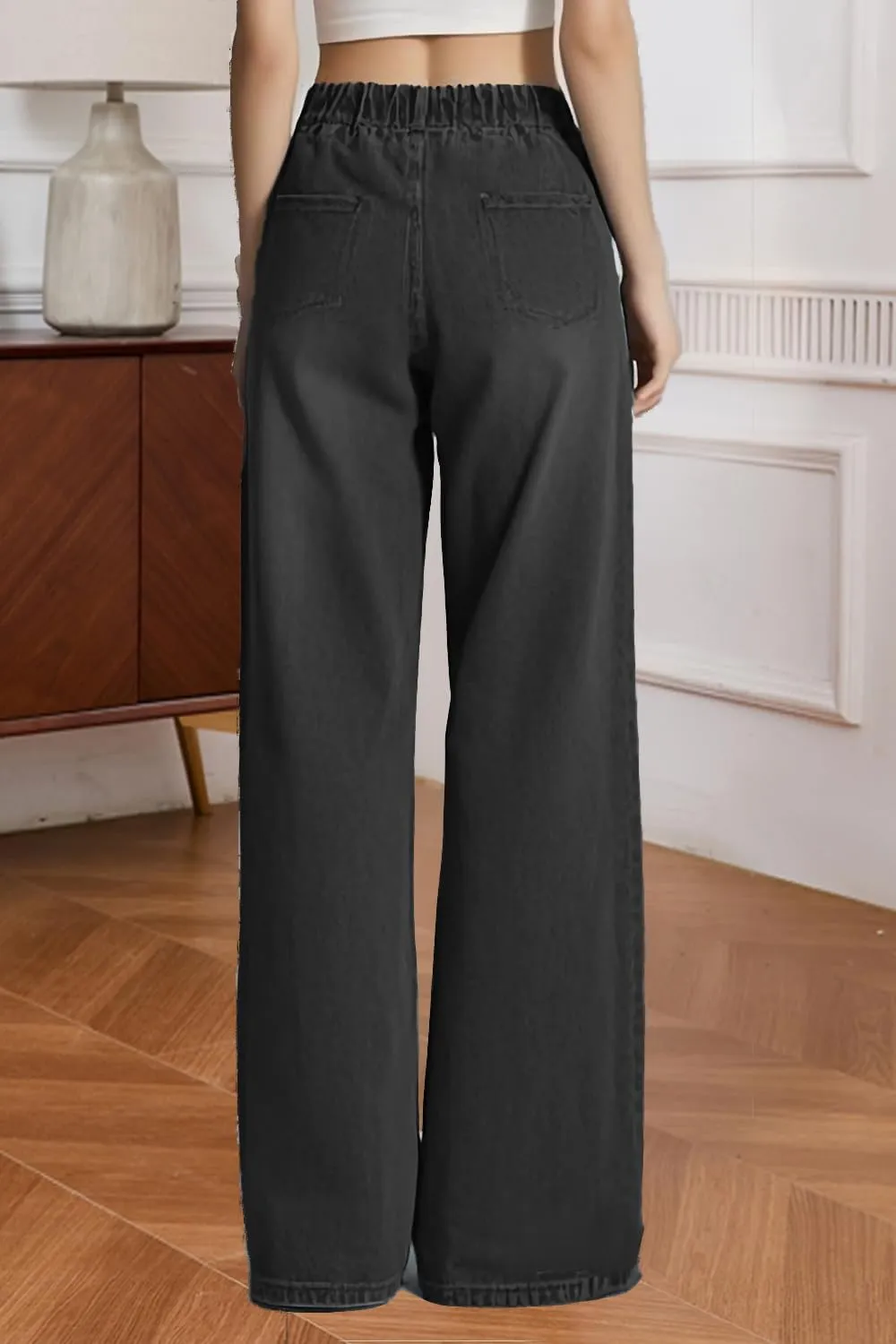 Women's Drawstring Wide Leg Jeans High Elastic Waisted Stretch Frayed Loose Fit Trouser Jeans Denim Pants