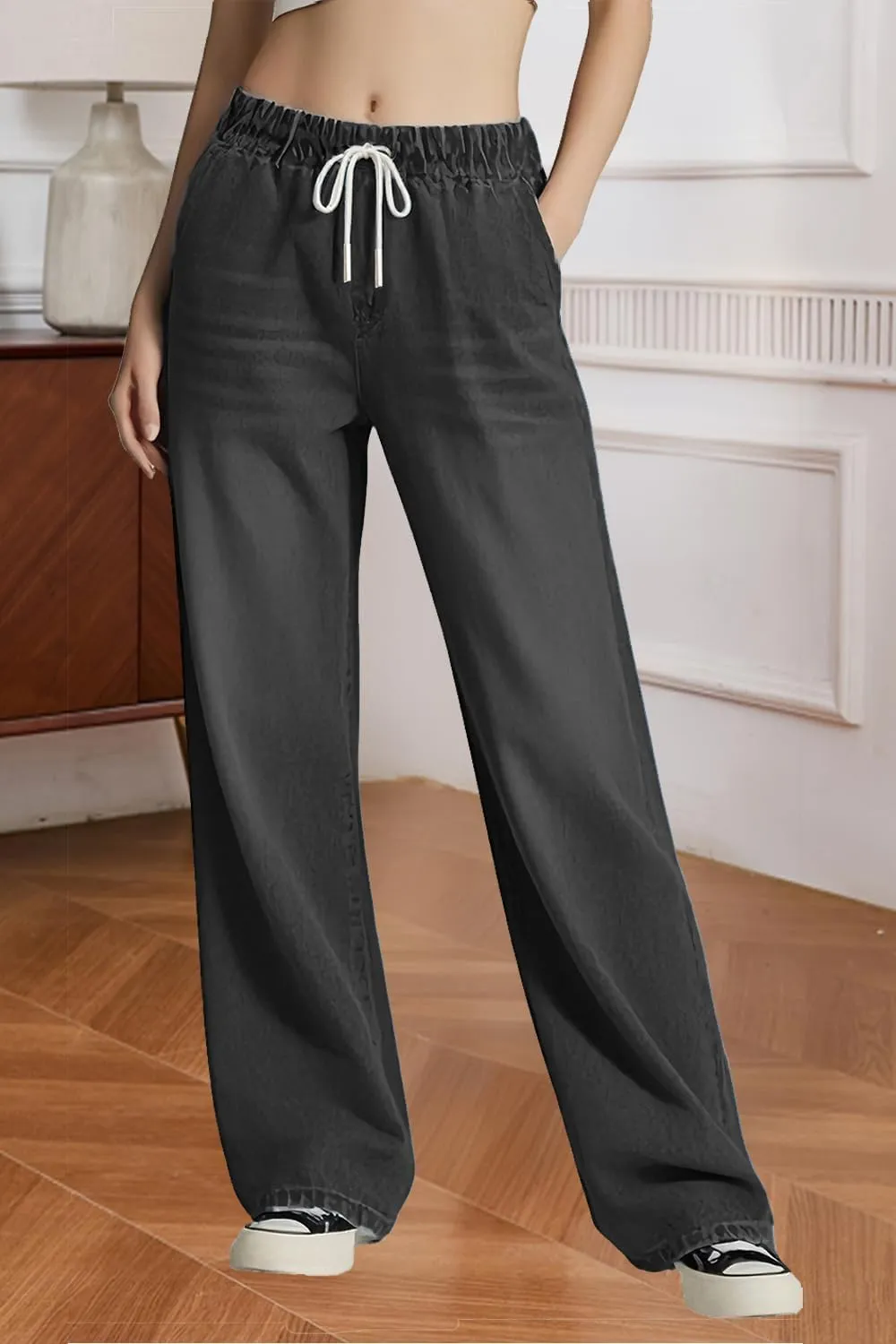 Women's Drawstring Wide Leg Jeans High Elastic Waisted Stretch Frayed Loose Fit Trouser Jeans Denim Pants