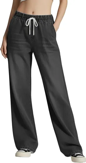 Women's Drawstring Wide Leg Jeans High Elastic Waisted Stretch Frayed Loose Fit Trouser Jeans Denim Pants