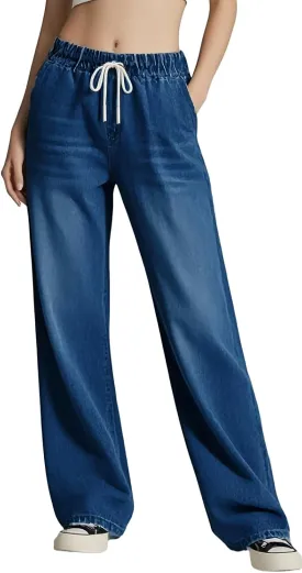 Women's Drawstring Wide Leg Jeans High Elastic Waisted Stretch Frayed Loose Fit Trouser Jeans Denim Pants