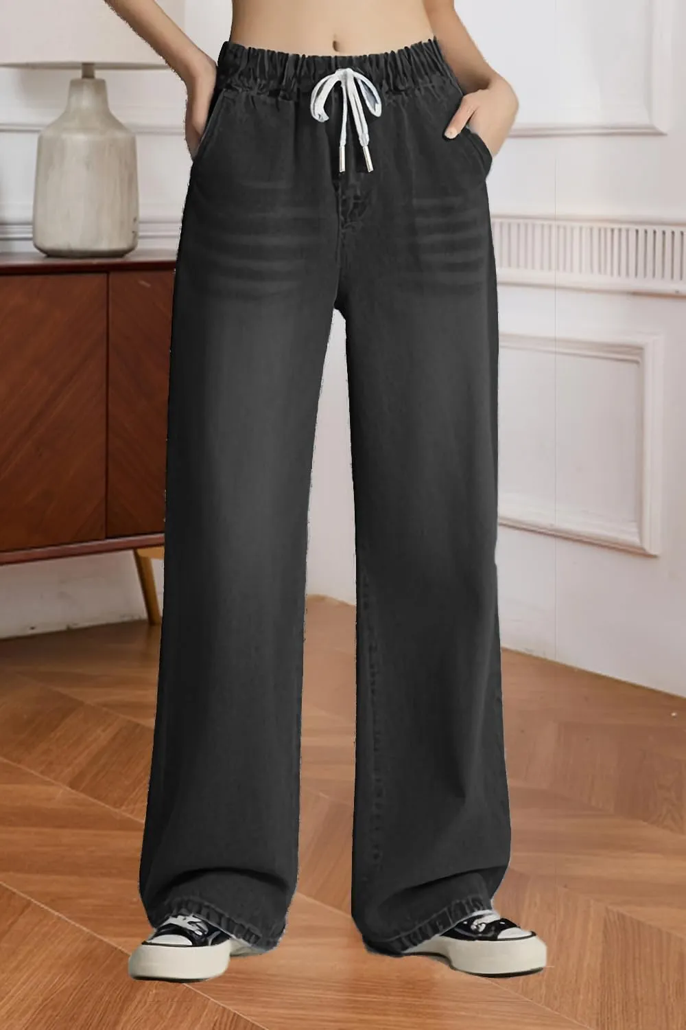 Women's Drawstring Wide Leg Jeans High Elastic Waisted Stretch Frayed Loose Fit Trouser Jeans Denim Pants