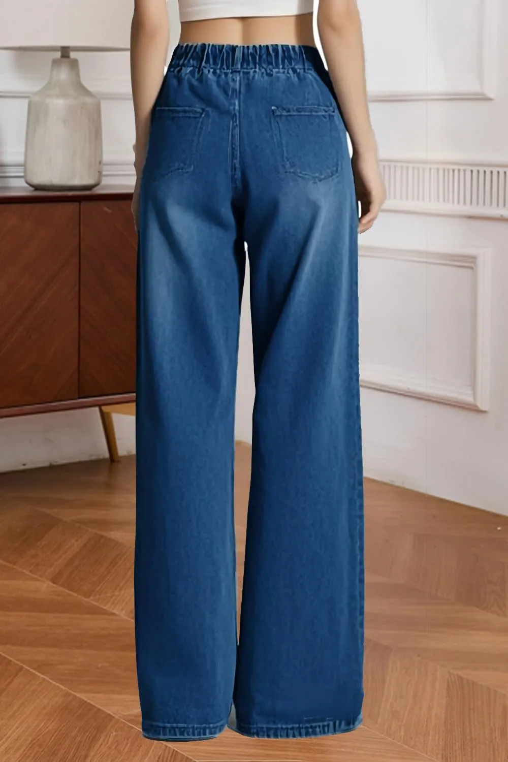 Women's Drawstring Wide Leg Jeans High Elastic Waisted Stretch Frayed Loose Fit Trouser Jeans Denim Pants