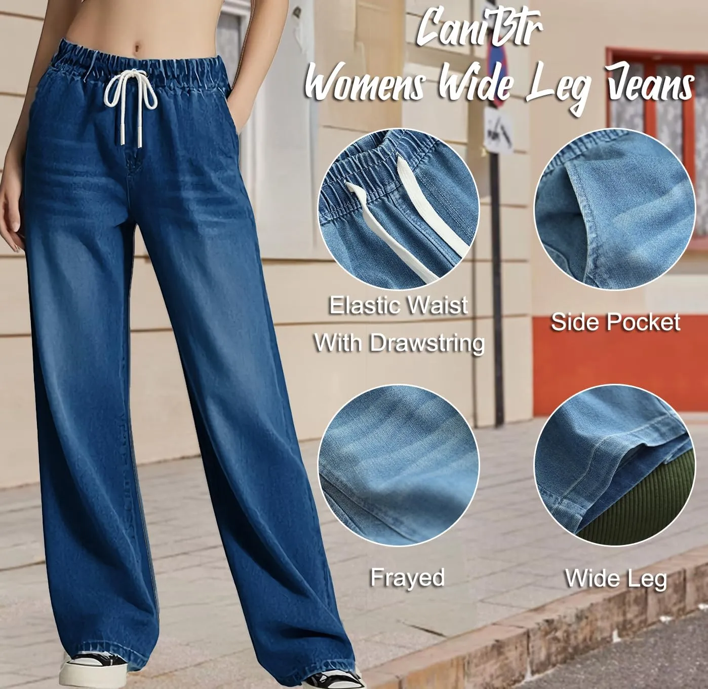 Women's Drawstring Wide Leg Jeans High Elastic Waisted Stretch Frayed Loose Fit Trouser Jeans Denim Pants