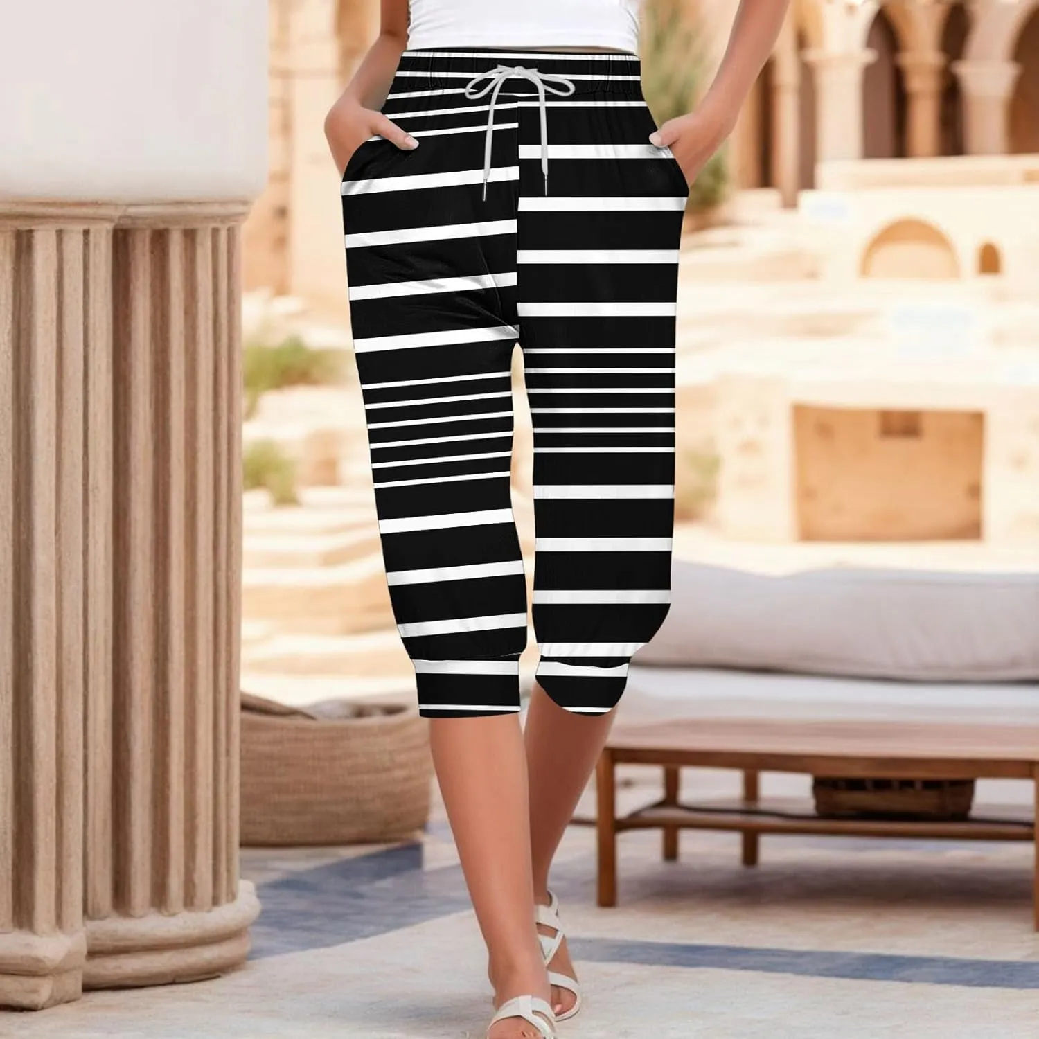 Women's High Elastic Drawstring Pant Pocket Casual Cuff Sweatpant Stretch Waist Vacation Trouser Comfy Trendy Pants