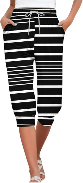 Women's High Elastic Drawstring Pant Pocket Casual Cuff Sweatpant Stretch Waist Vacation Trouser Comfy Trendy Pants