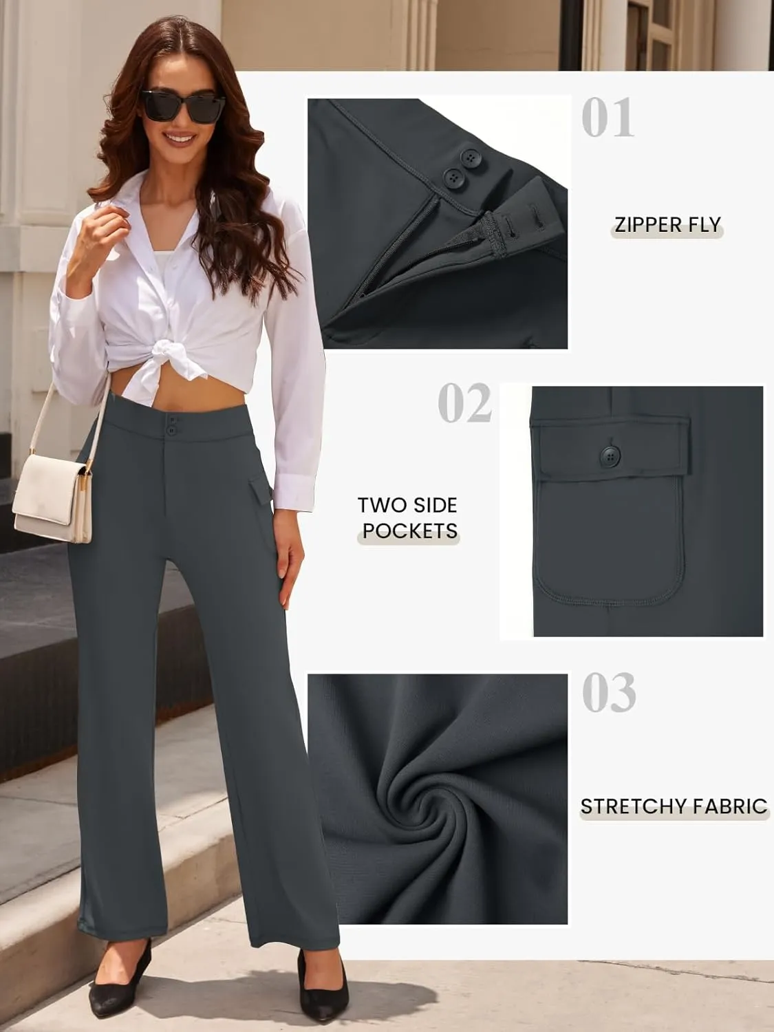 Womens High Waist Bootcut Dress Work Pants Zip-up Flap Pockets Casual Business Trousers Stretchy Office Slacks