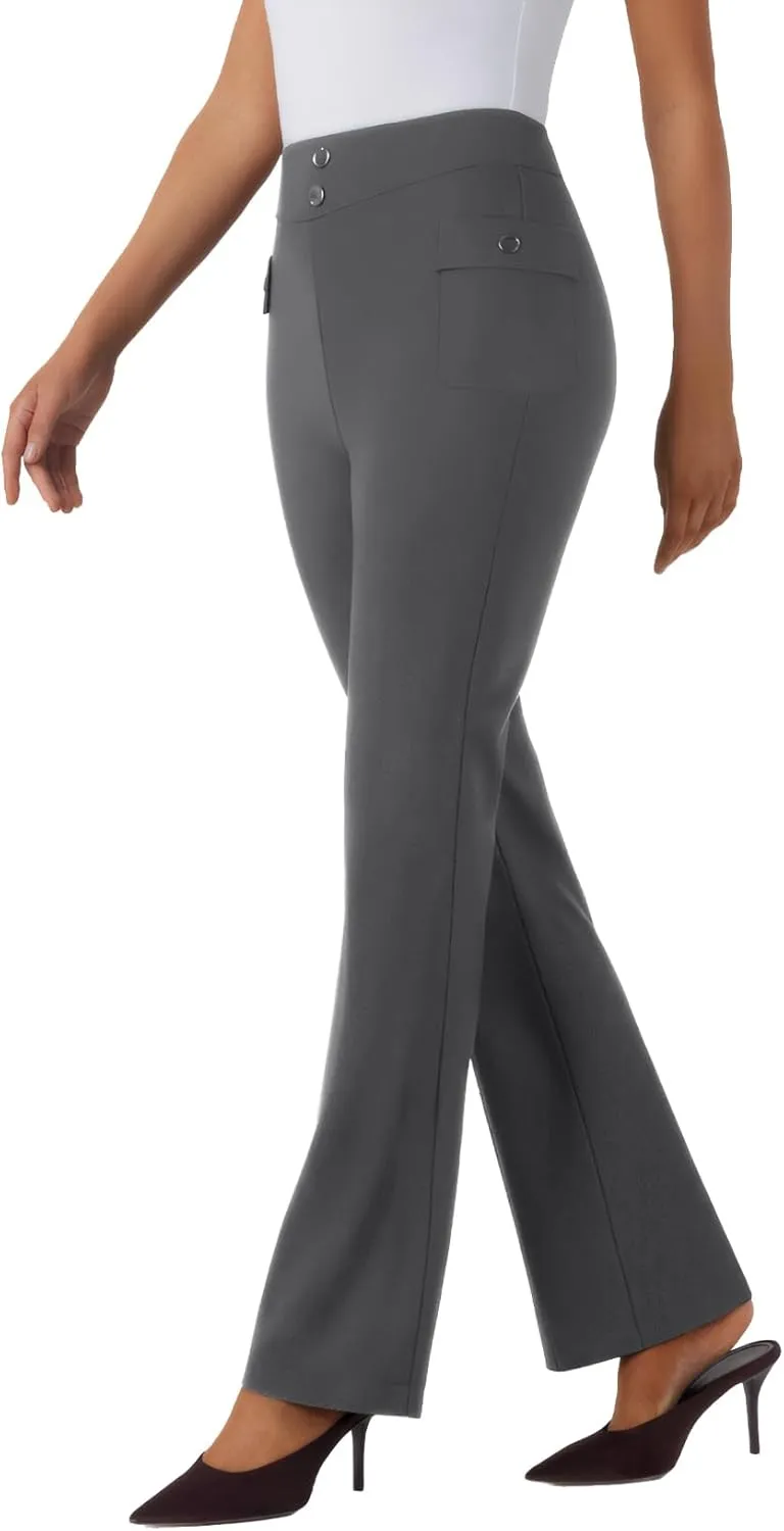 Womens High Waist Bootcut Dress Work Pants Zip-up Flap Pockets Casual Business Trousers Stretchy Office Slacks