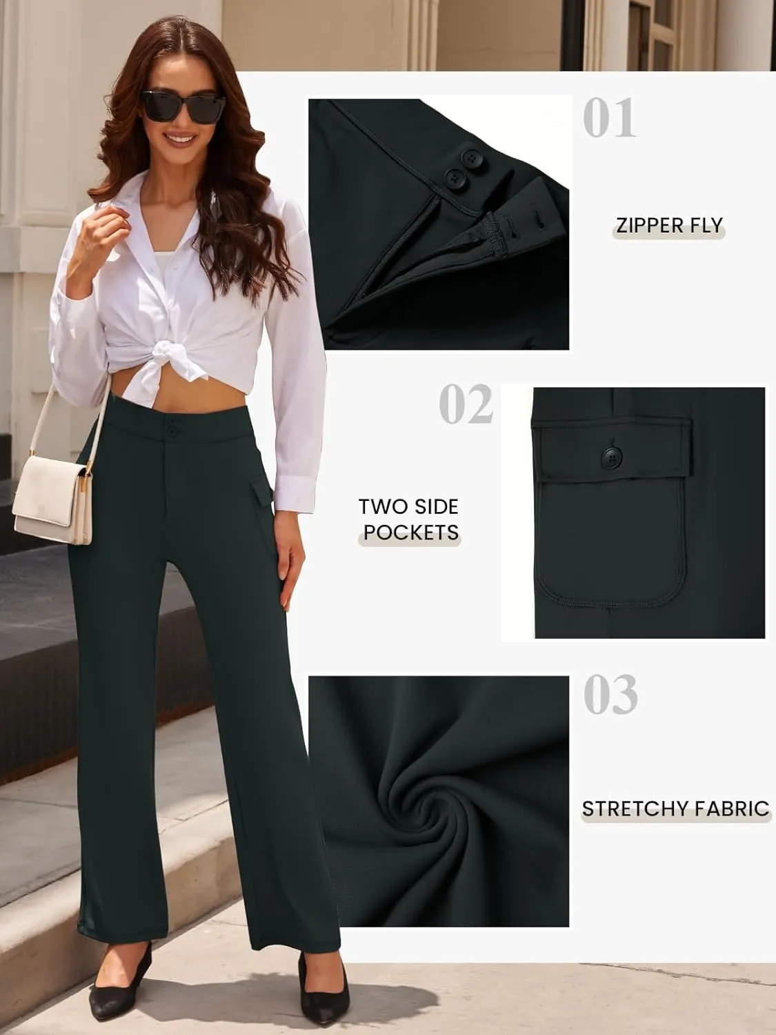 Womens High Waist Bootcut Dress Work Pants Zip-up Flap Pockets Casual Business Trousers Stretchy Office Slacks