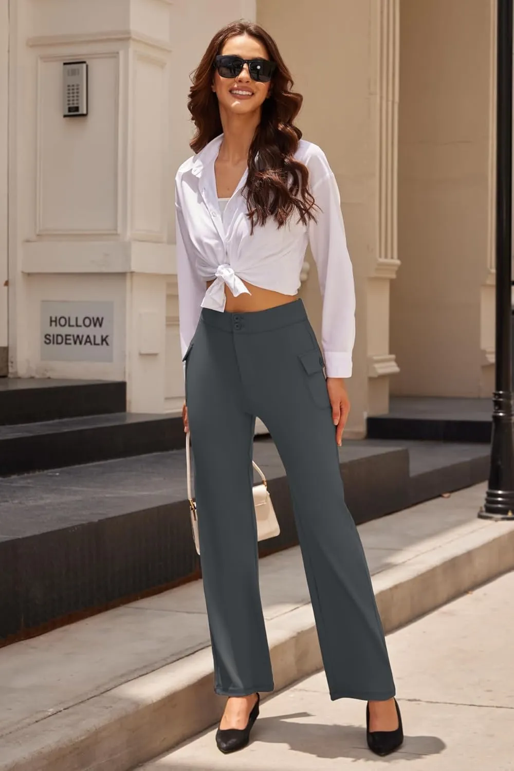 Womens High Waist Bootcut Dress Work Pants Zip-up Flap Pockets Casual Business Trousers Stretchy Office Slacks