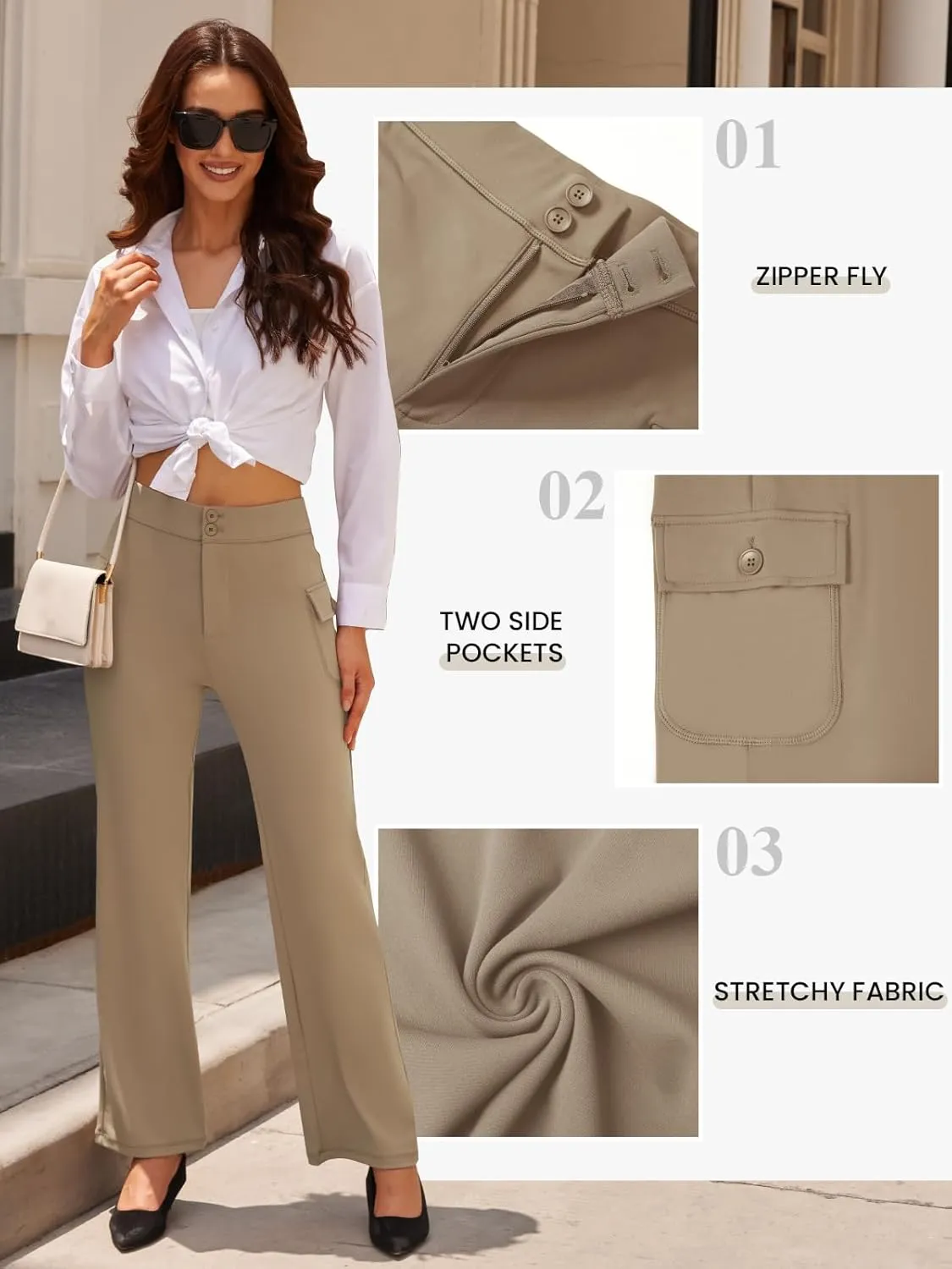 Womens High Waist Bootcut Dress Work Pants Zip-up Flap Pockets Casual Business Trousers Stretchy Office Slacks
