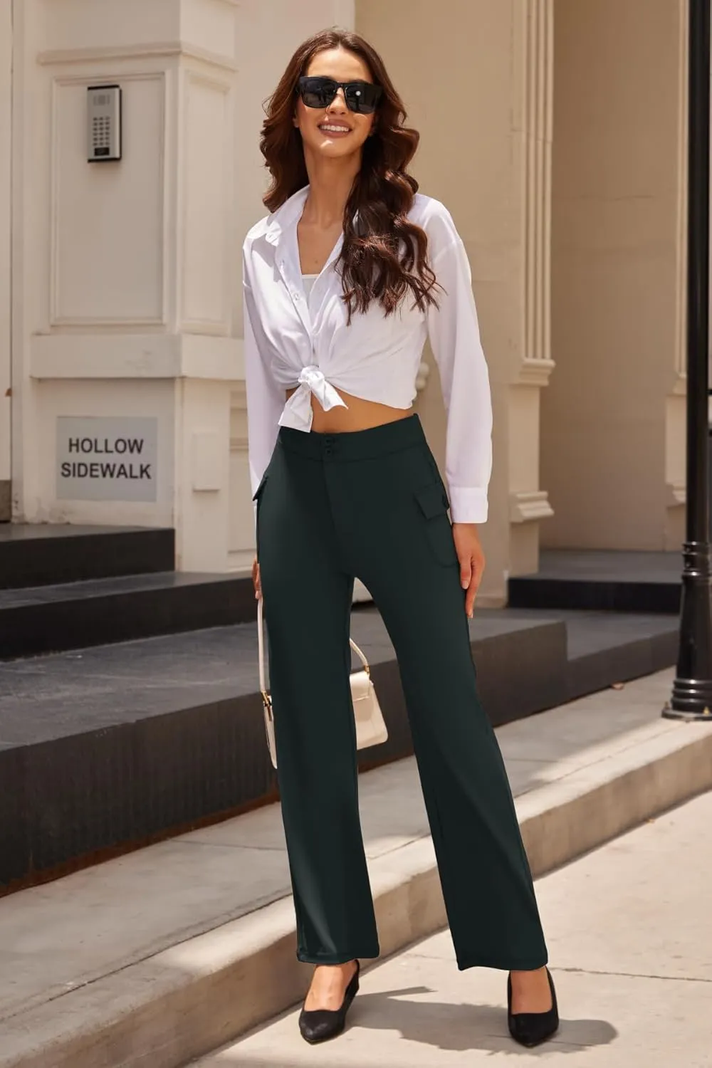 Womens High Waist Bootcut Dress Work Pants Zip-up Flap Pockets Casual Business Trousers Stretchy Office Slacks