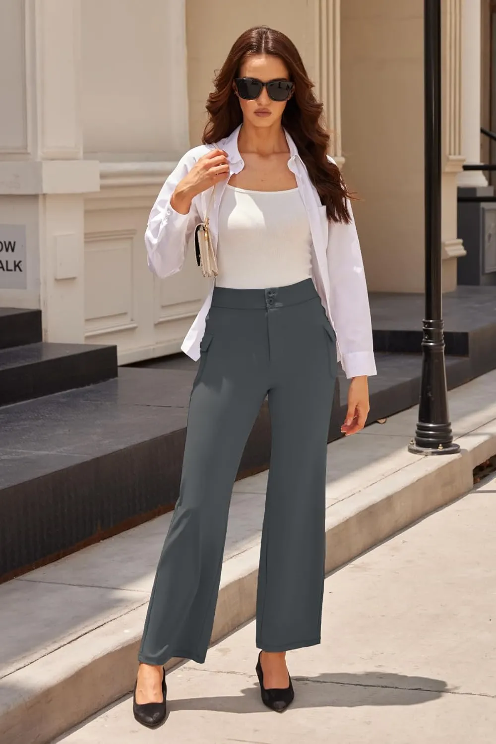 Womens High Waist Bootcut Dress Work Pants Zip-up Flap Pockets Casual Business Trousers Stretchy Office Slacks