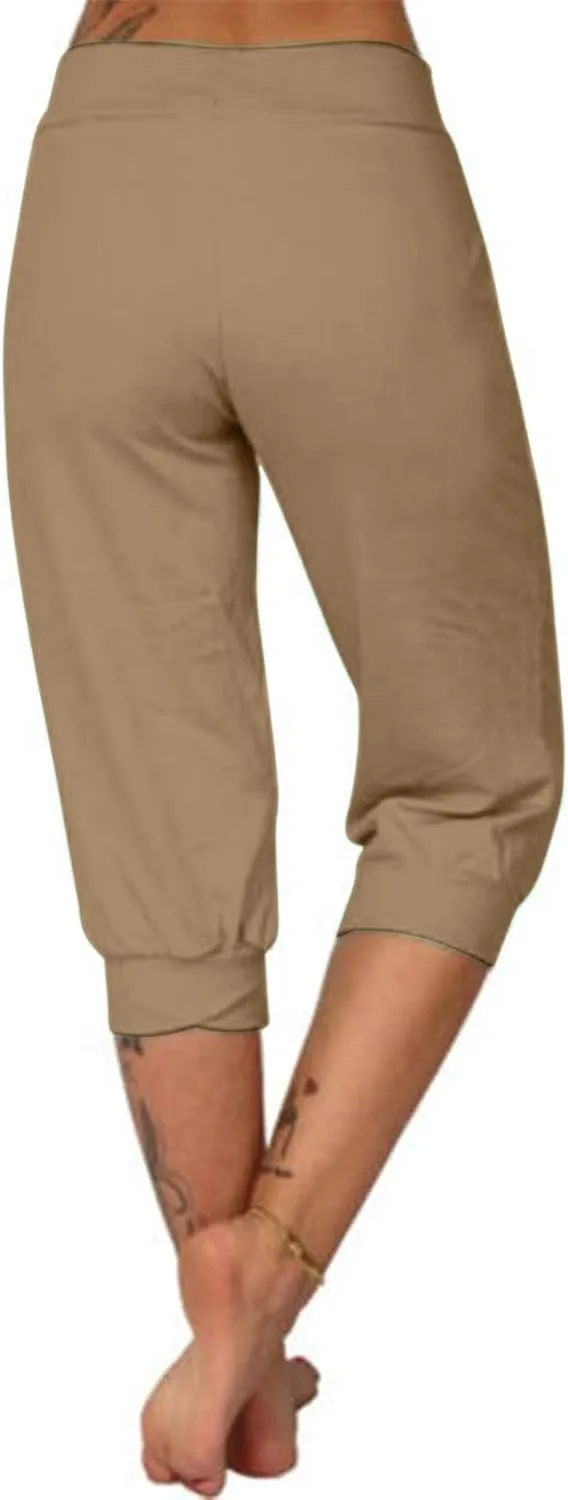Women's High Waist Stretch Pant Elastic Summer Casual Capris Sweatpant Mid Calf Length Trouser Sport Vacation Pants