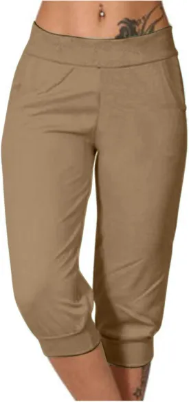 Women's High Waist Stretch Pant Elastic Summer Casual Capris Sweatpant Mid Calf Length Trouser Sport Vacation Pants