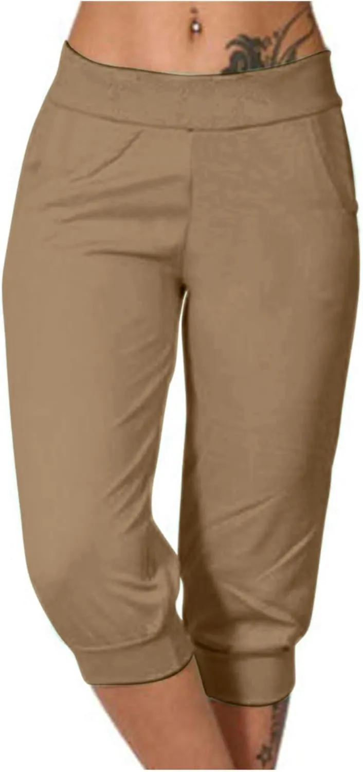 Women's High Waist Stretch Pant Elastic Summer Casual Capris Sweatpant Mid Calf Length Trouser Sport Vacation Pants