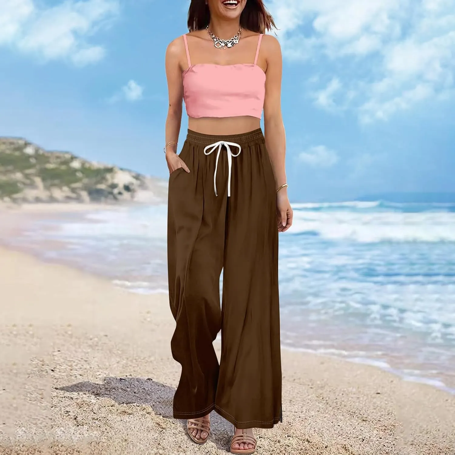 Women's Palazzo Pants Dressy Casual Wide Leg Slacks Elastic Waist with Pockets Lounge Flowy Pants