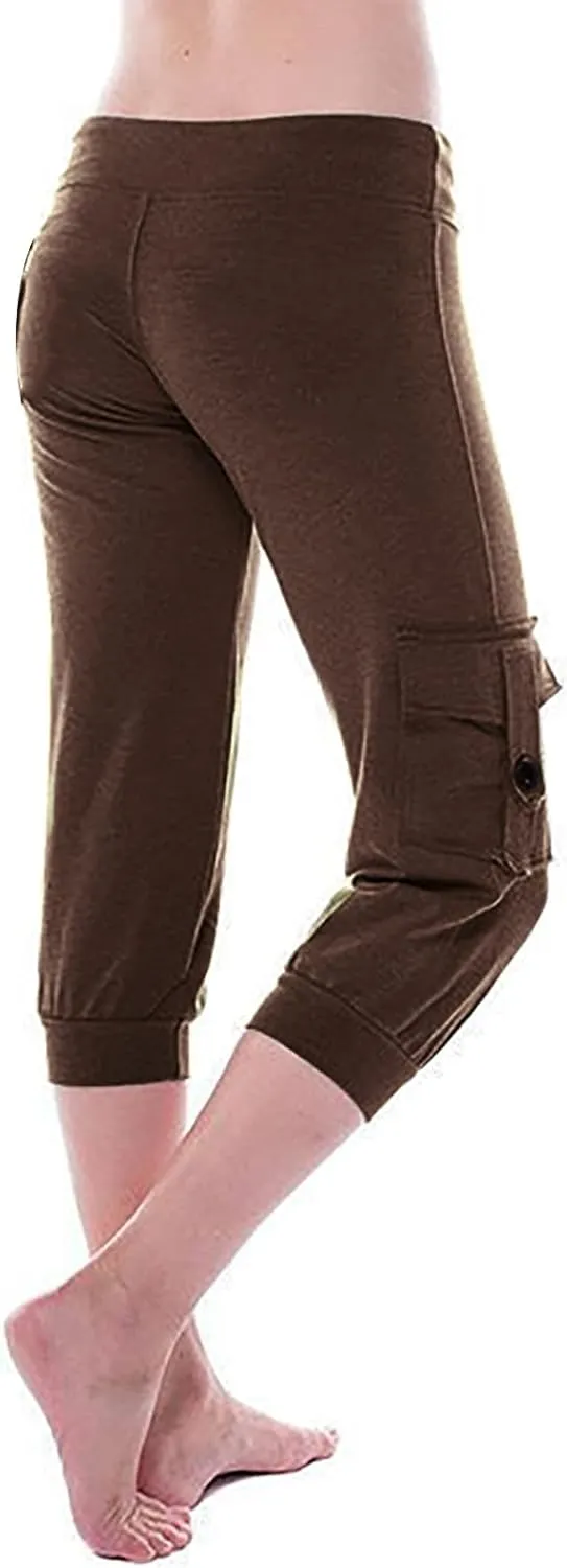 Womens Plus Size Cargo Capris Drawstring Stretch Low Waisted Slim Comfy Solid Color Jogger Capri Pants with 2 Pockets