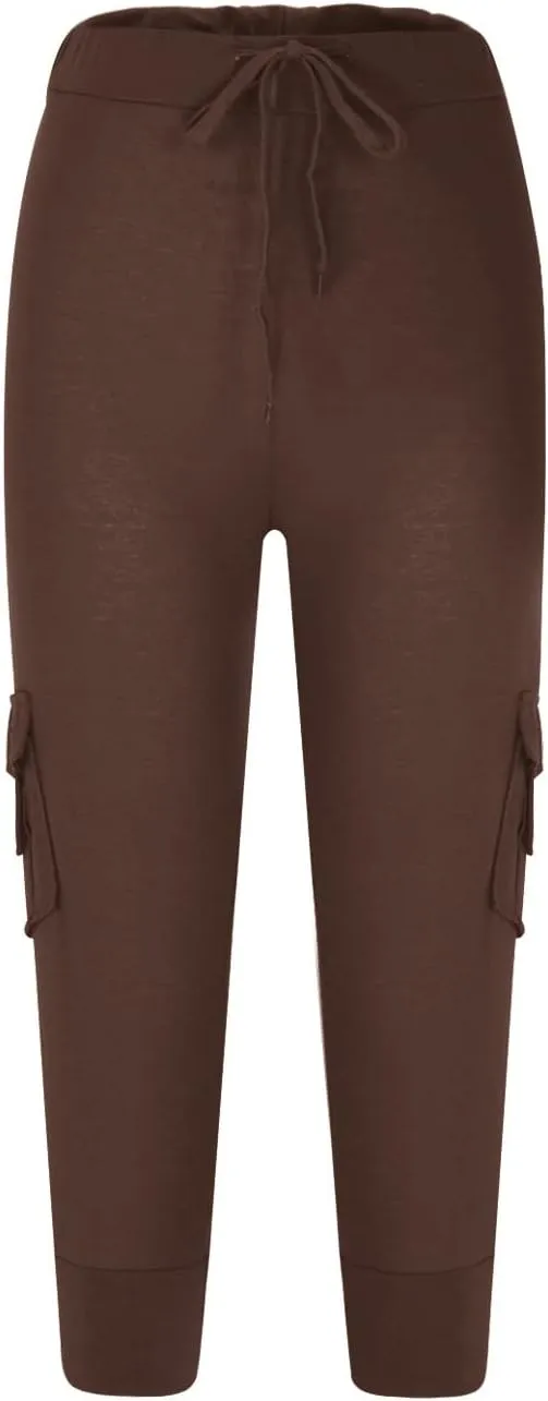 Womens Plus Size Cargo Capris Drawstring Stretch Low Waisted Slim Comfy Solid Color Jogger Capri Pants with 2 Pockets
