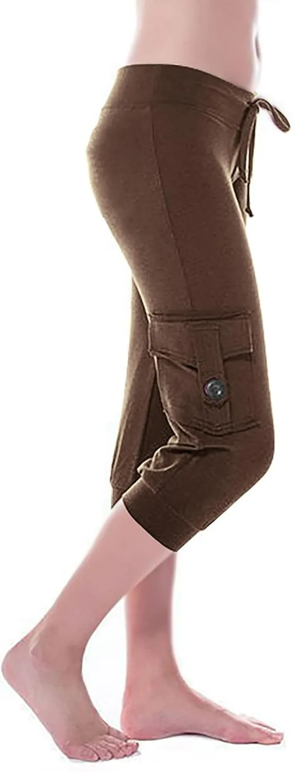 Womens Plus Size Cargo Capris Drawstring Stretch Low Waisted Slim Comfy Solid Color Jogger Capri Pants with 2 Pockets