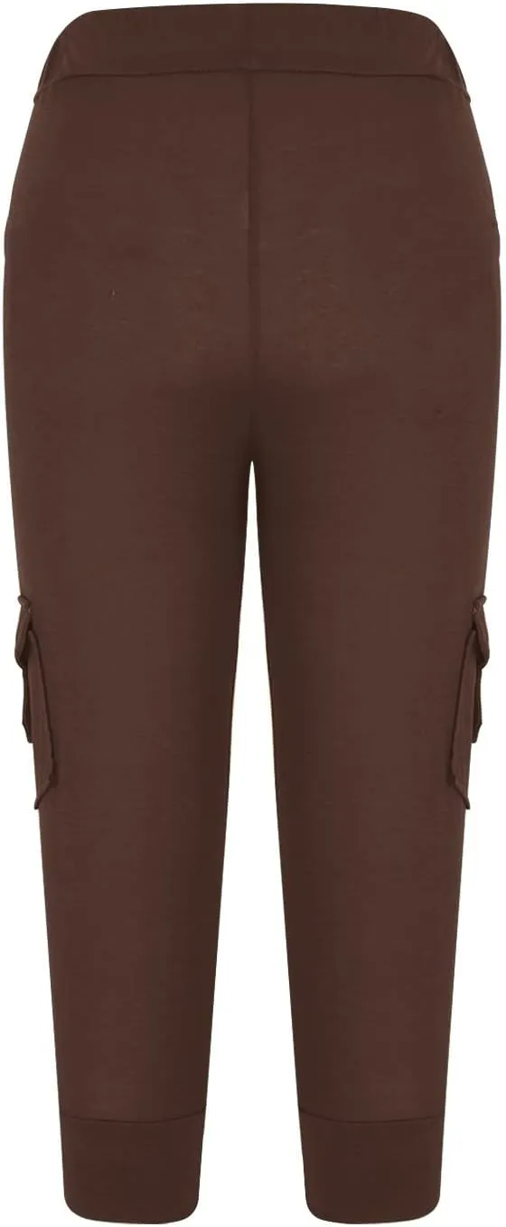 Womens Plus Size Cargo Capris Drawstring Stretch Low Waisted Slim Comfy Solid Color Jogger Capri Pants with 2 Pockets