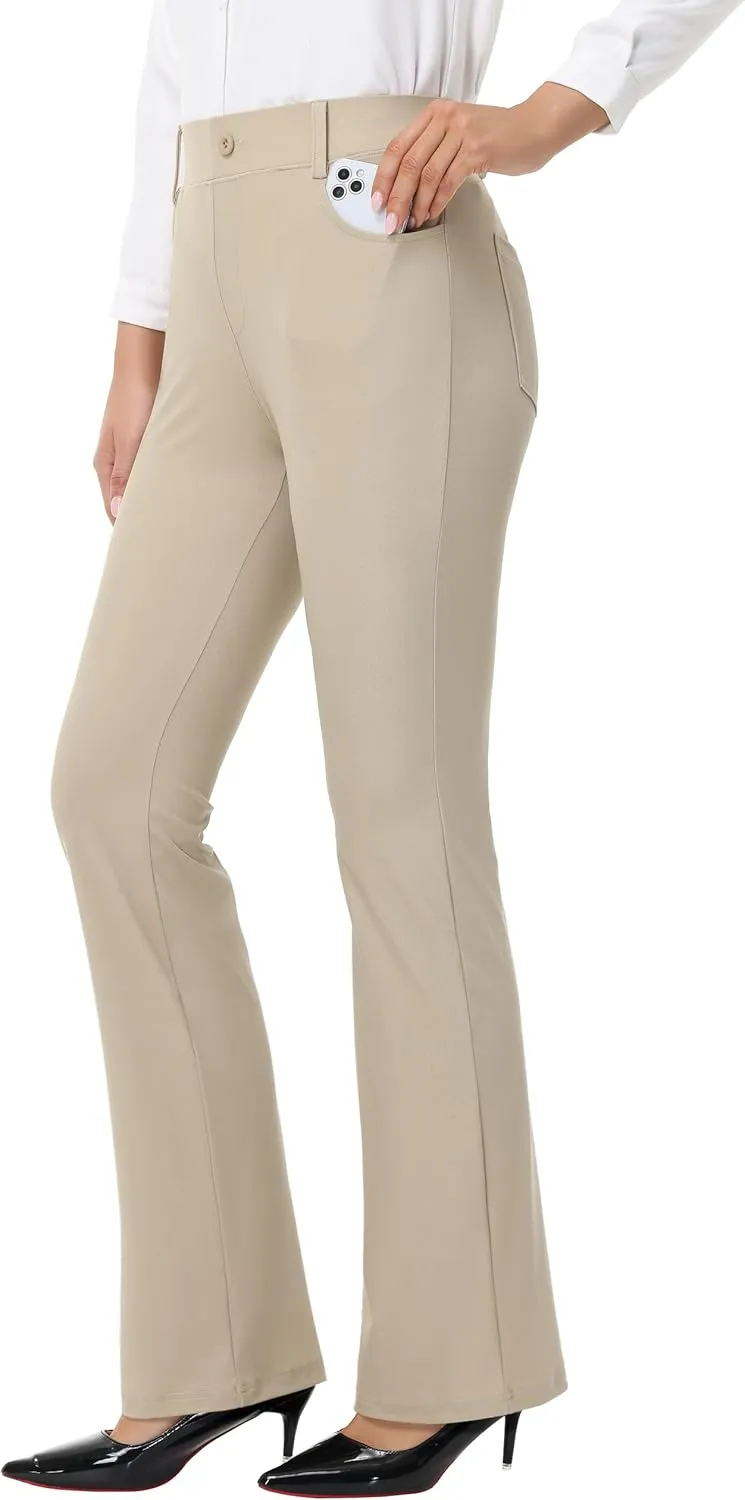 Women's Yoga Dress Pants - 28"/30" Stretchy Straight Leg Work Office Casual Trouser Pant with Belt Loops 5 Pockets