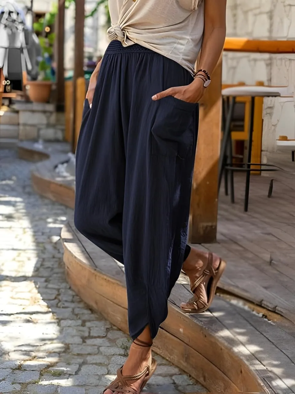 ZOCAVIA Women's Cotton Linen Capri Pants Summer Lightweight Elastic Waist Palazzo Harem Pants Baggy Trousers with Pockets